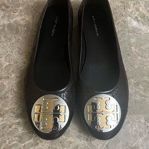 Tory Burch Dark Brown Quilted Flats with Silver Logo